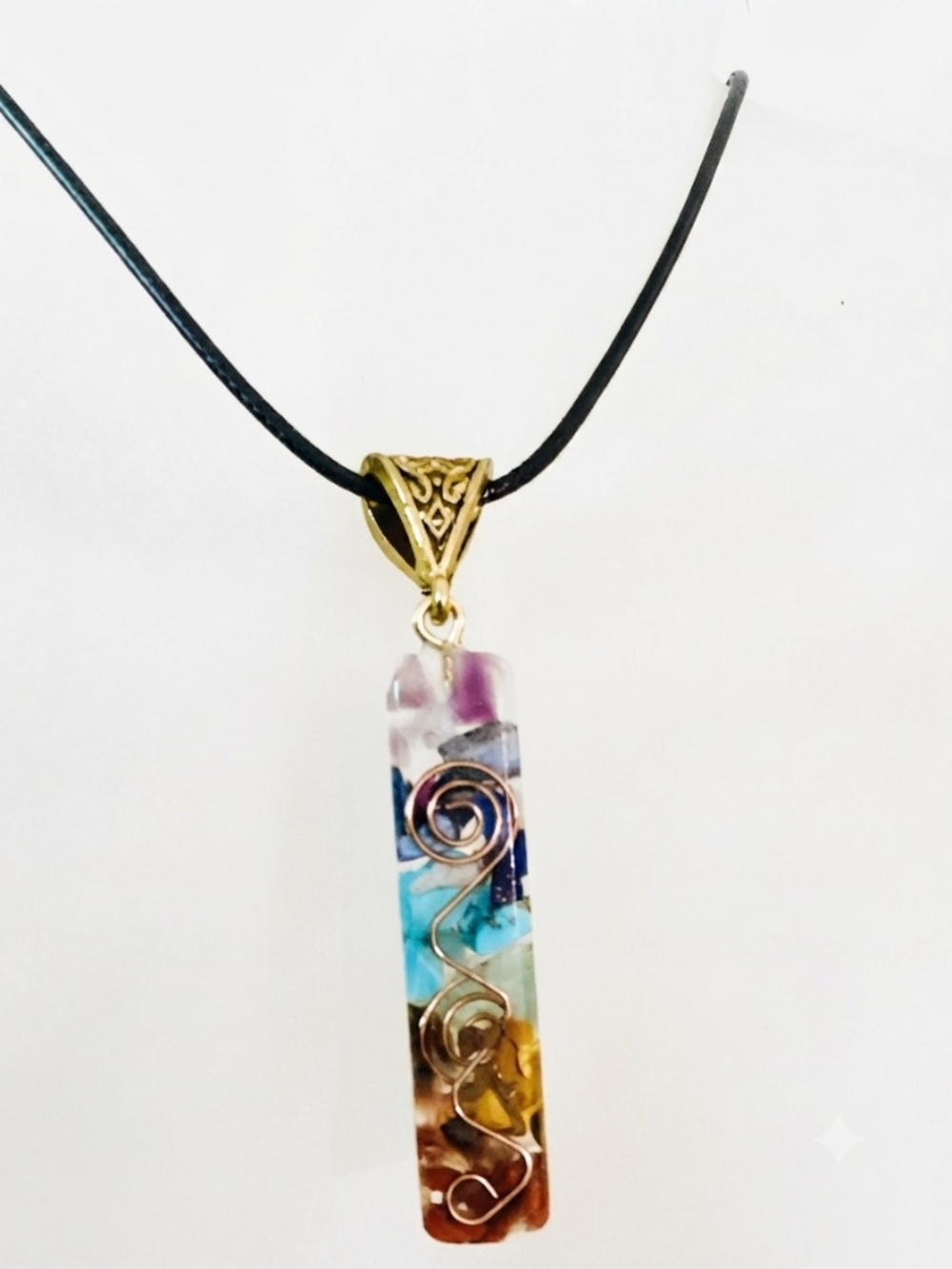 Pendant Necklace Handmade Multi-Gemstone Chip & Wire Swirl Epoxy Resin Pillar